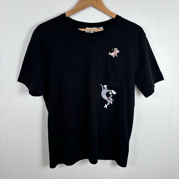 Zara Tom‎ & Jerry Black Pocket Tee Shirt Womens Large Cotton T-Shirt - Picture 1 of 10